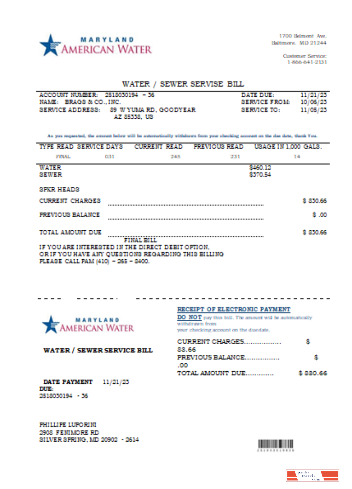 Maryland American Water Co utility business bill,  SCR PSD template
